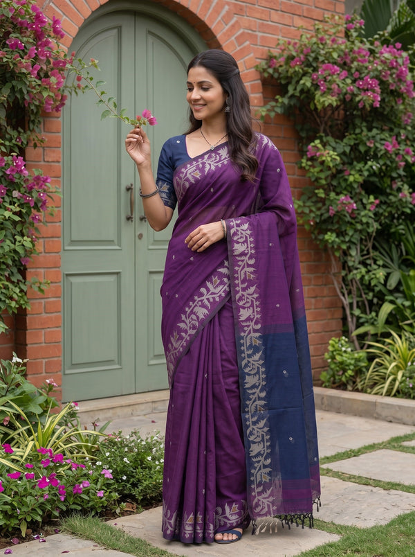 Cotton Purple Navy Blue Vine Border Booti Saree