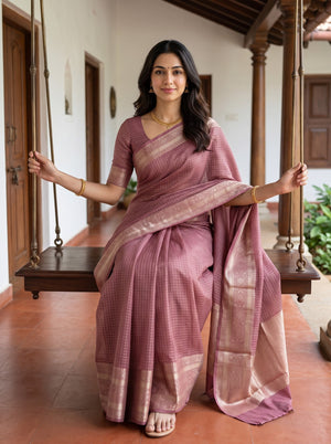 Semi Chanderi Mauve Pink Self Check Golden Zari Geometric Border Saree