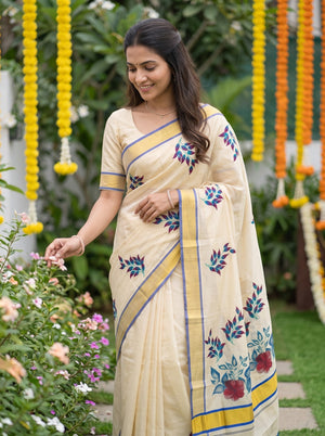 Tissue Silk Cream Kerala Saree with Red Hibiscus Print and Blue Border