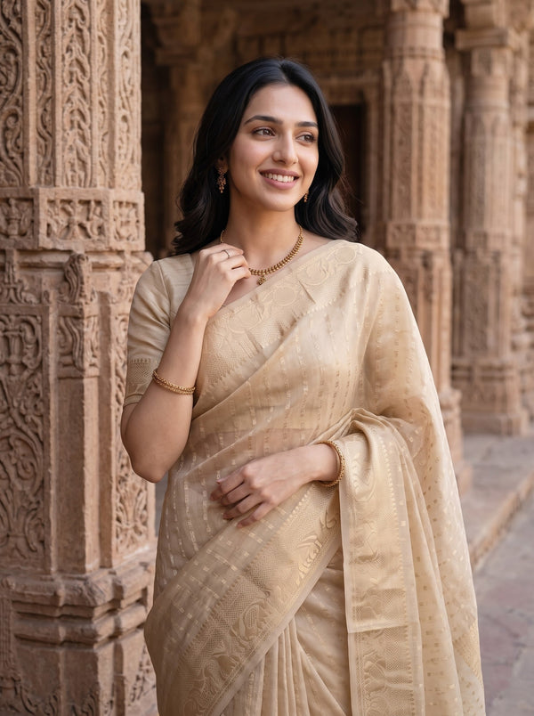 Banarasi Beige Self-Tone Dobby Floral Jacquard Border Saree
