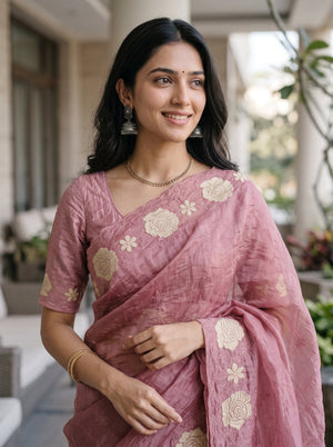 Organza Dusty Rose Pink Golden Rose Applique Floral Embroidered Scalloped Border Saree