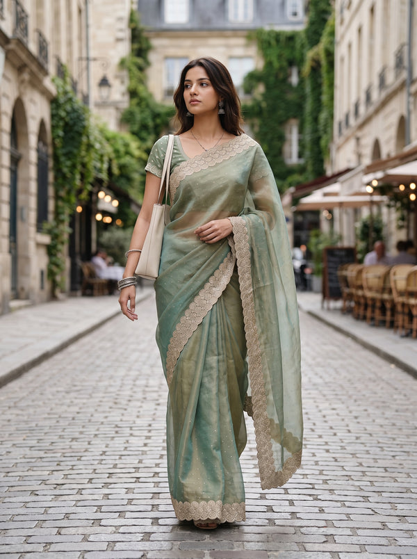 Shimmer Organza Sage Green Stone Studded Saree with Zari Scalloped Border