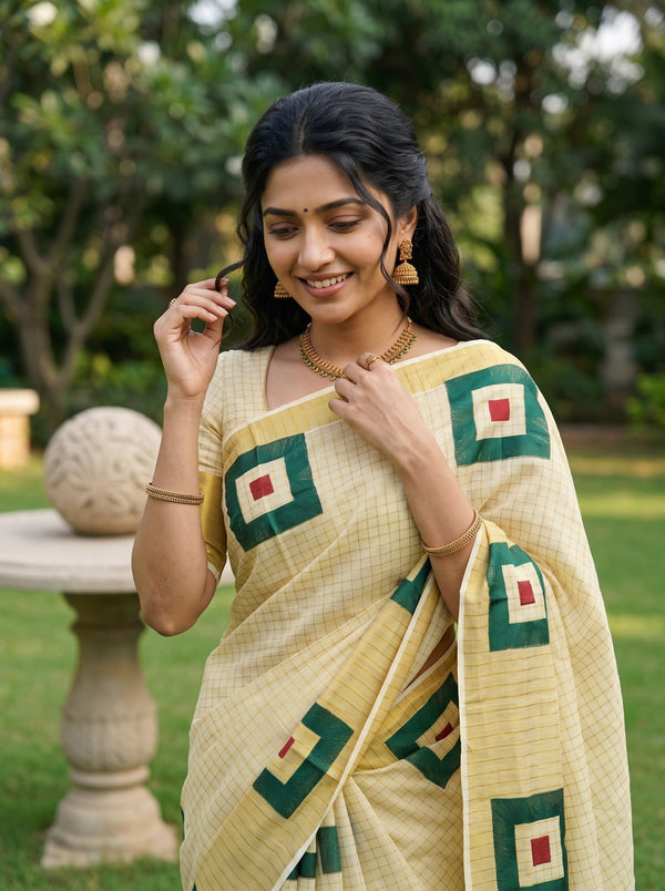 Tissue Cream Gold Checked Green Square Print Onam Special Kerala Saree