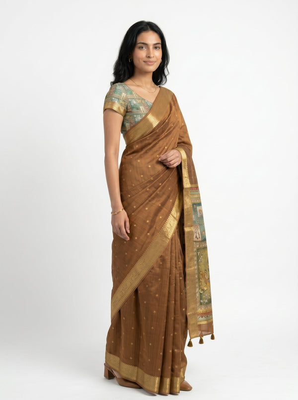 Jute Brown Zari Butta Saree with Kalamkari Pallu