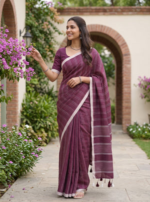 Linen Wine White Striped Border Tasseled Saree