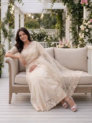 Organza Cream Saree with Floral Cutwork Lace Border