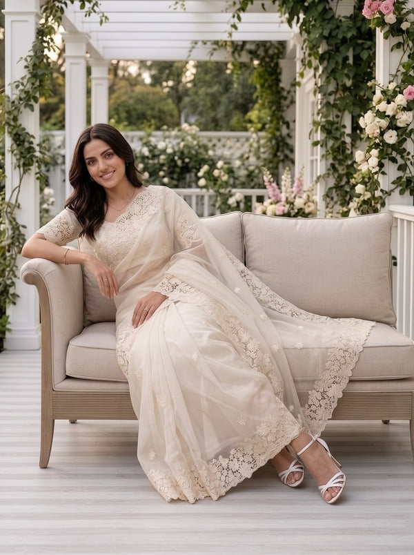 Organza Cream Saree with Floral Cutwork Lace Border