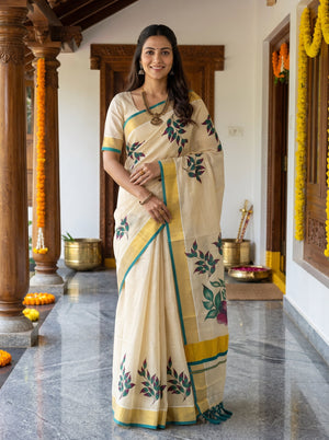 Tissue Cream Leaf Print Onam Special Kerala  Saree with Gold Teal Border