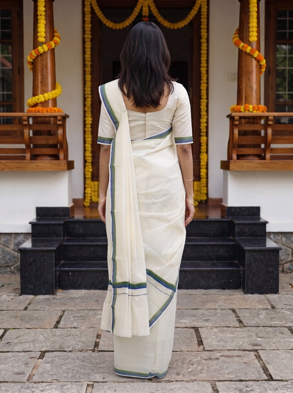 Cotton Cream with Blue and Green Stripe Border Onam Special Kerala Set Mundu