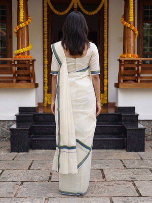Cotton Cream with Blue and Green Stripe Border Onam Special Kerala Set Mundu