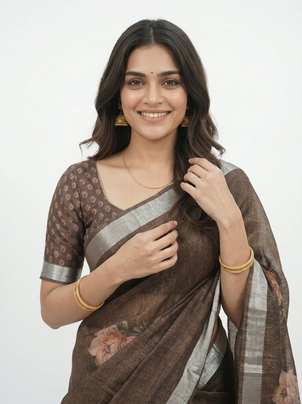 Tissue Linen Coffee Brown Floral Printed Saree