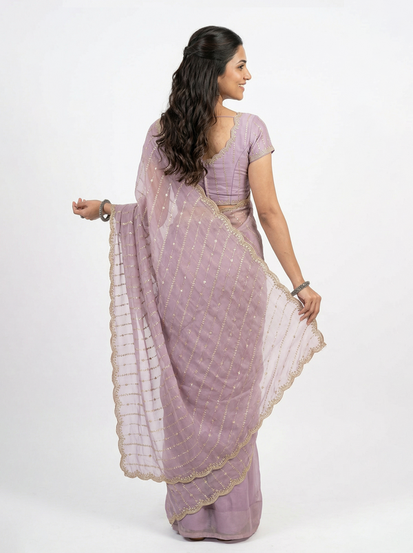 Shimmer Organza Lilac Purple Sequin Embroidered Saree with Scalloped Zari Border