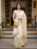 Cotton Cream Checkered Body Striped Gold Border Kerala Kasavu Set Saree
