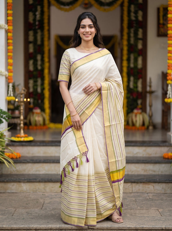 Cotton Cream Checkered Body Striped Gold Border Kerala Kasavu Set Saree
