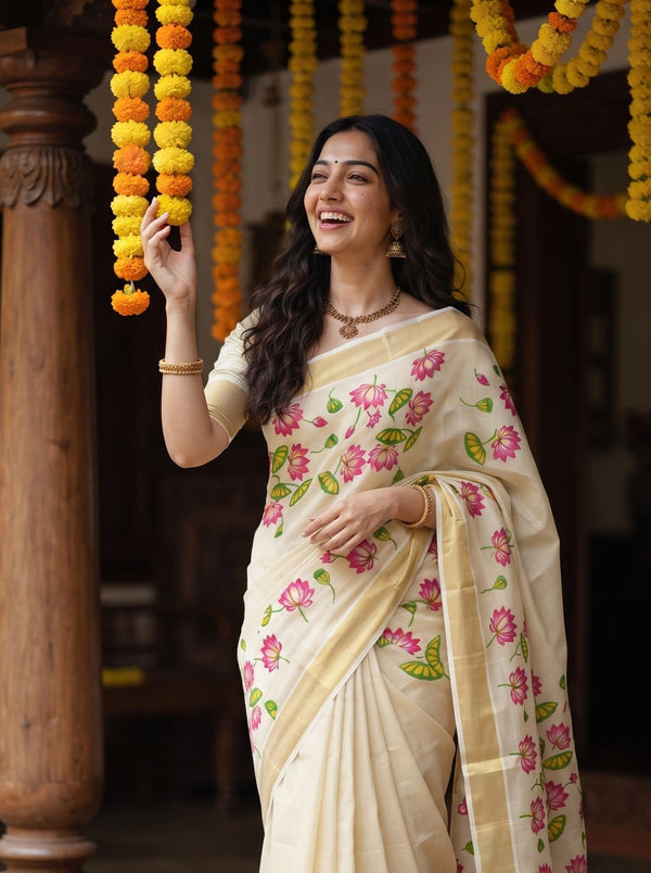 A woman wearing a cream-colored floral saree with pink and green printed motifs, standing in a decorated indoor setting with yellow and orange marigold garlands hanging from above.