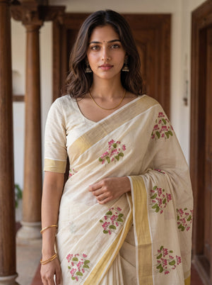 Tissue Cream Kerala Saree with Pink Lotus Print Pallu, Golden Zari Border