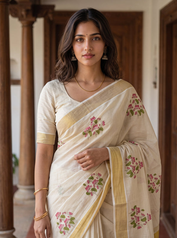 Tissue Cream Kerala Saree with Pink Lotus Print Pallu, Golden Zari Border