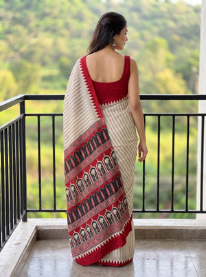 Synthetic Beige White Stripe Saree with Red Temple Border and Tribal Pallu