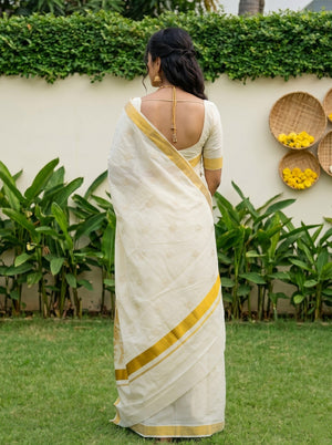 Tissue Cream Golden Lotus Butti Print Onam Special Kerala Saree with Coconut Palm Pallu