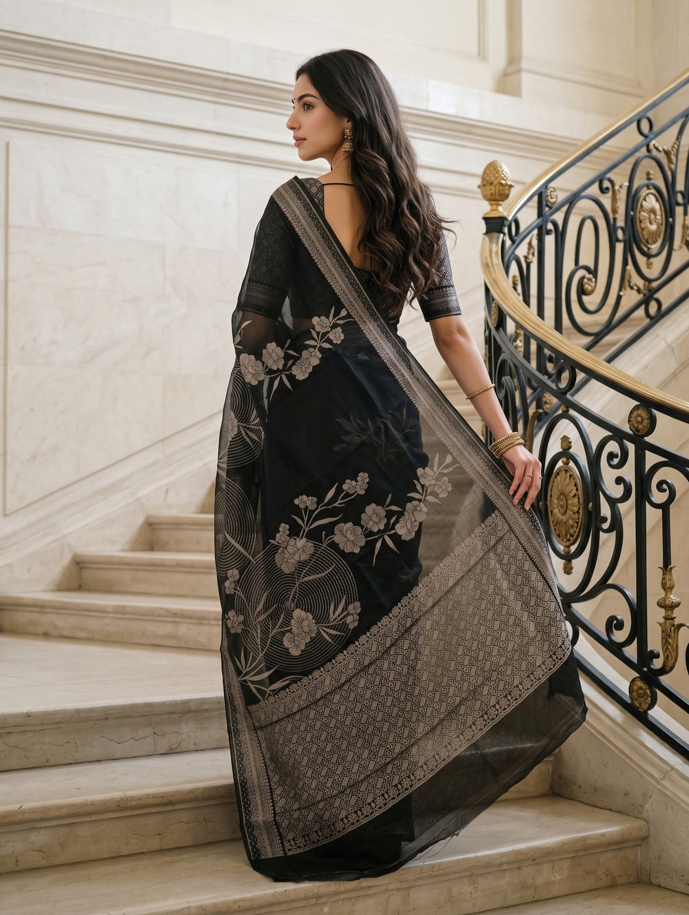 Organza Black Floral Print Saree with Blossom Motifs