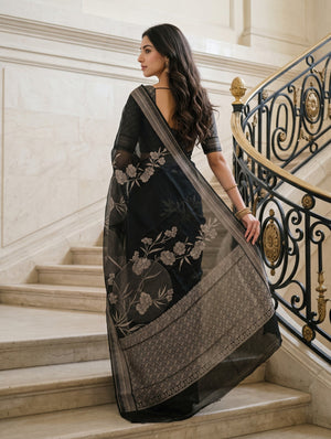Organza Black Floral Print Saree with Blossom Motifs