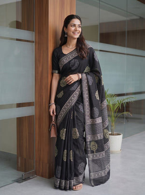 Cotton Block Print Saree in Black with Mustard Floral Rosette Pallu
