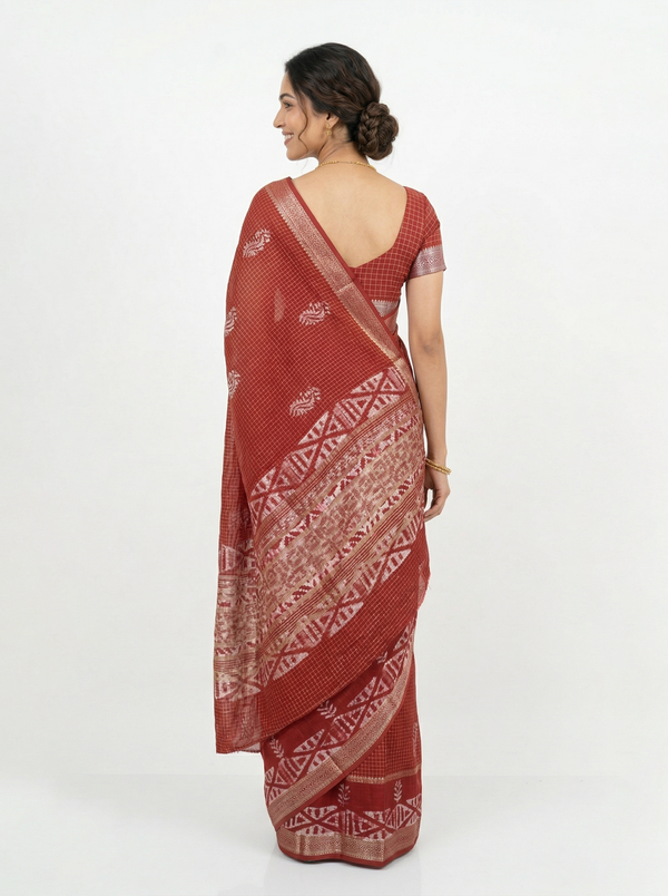 Cotton Silk Maroon Checkered Paisley Saree with Tribal Aztec Border