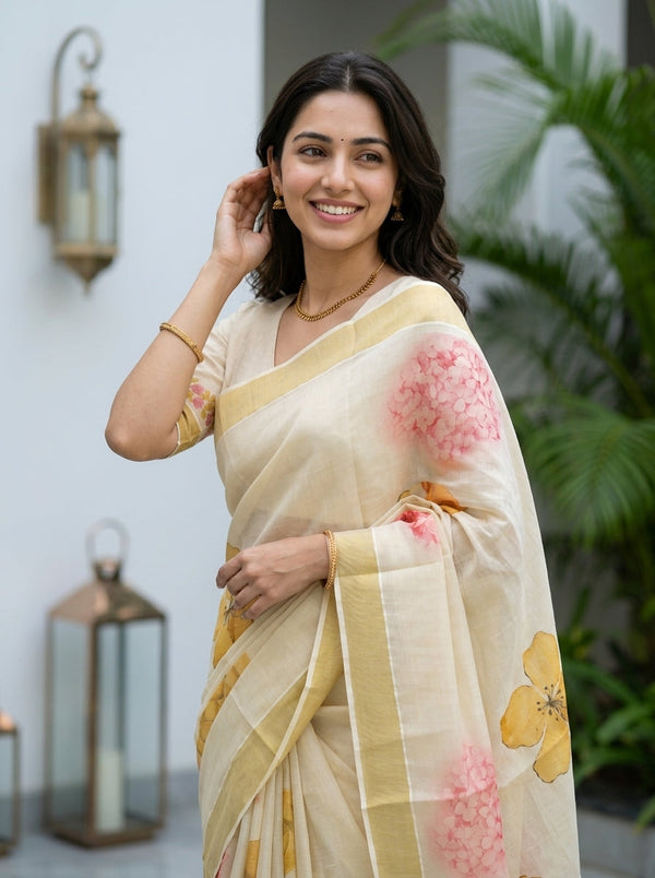 Tissue Cream Big Floral Watercolor Print Tassel Set Saree