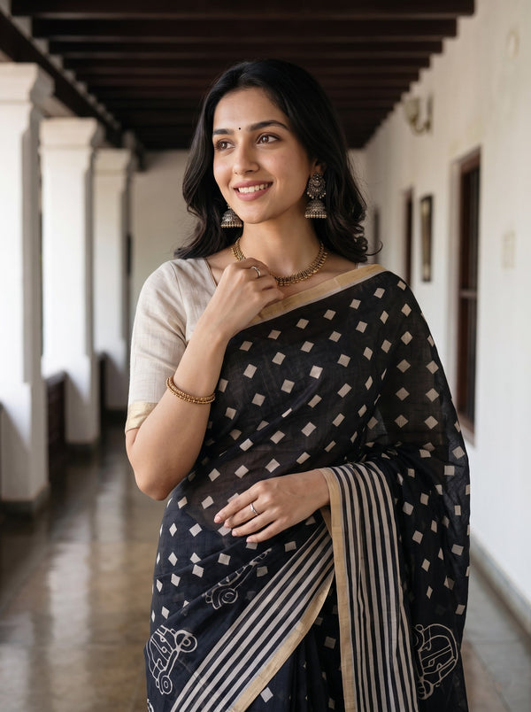 Linen Black Diamond Print Saree with Auto Rickshaw Border