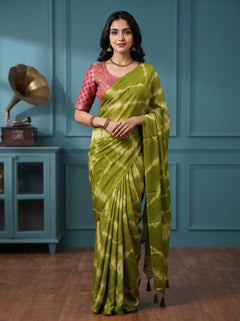 Synthetic Parrot Green Shibori Tie Dye Print Saree with Tassels