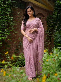 Net Kota Pink Floral Lace Embroidery Saree