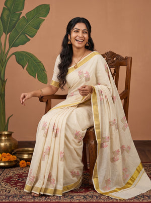 Cotton Cream Coral Pink Floral Embroidery Onam Special Kerala Saree with Golden Zari Border