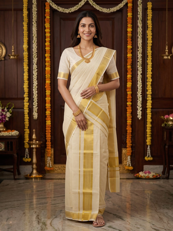 Tissue Cream with Gold Zari Jacquard Border Onam Special Kerala Set Mundu