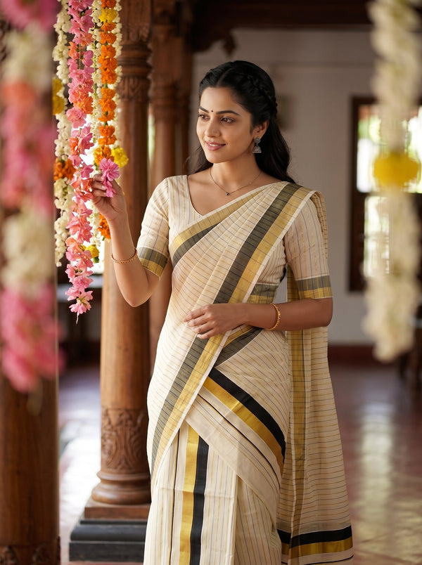 Tissue Cream Pinstripe  with Black Gold Grey Border Onam Special Set Mundu
