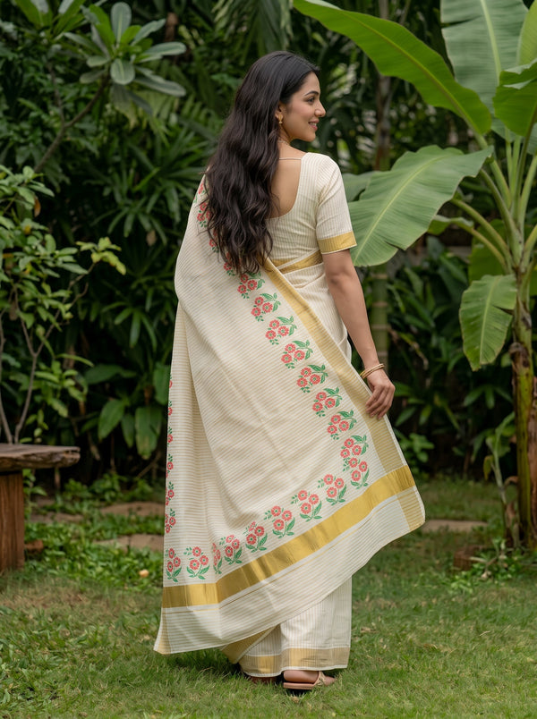 Cotton Cream Red Floral Print Kerala Saree with Golden Zari Border