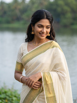 Cotton Cream Gold Green Striped Border Onam Special Kerala Saree
