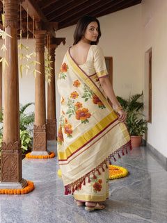 Tissue Cream Printed Onam Special Kerala Floral Saree with Golden Maroon Border