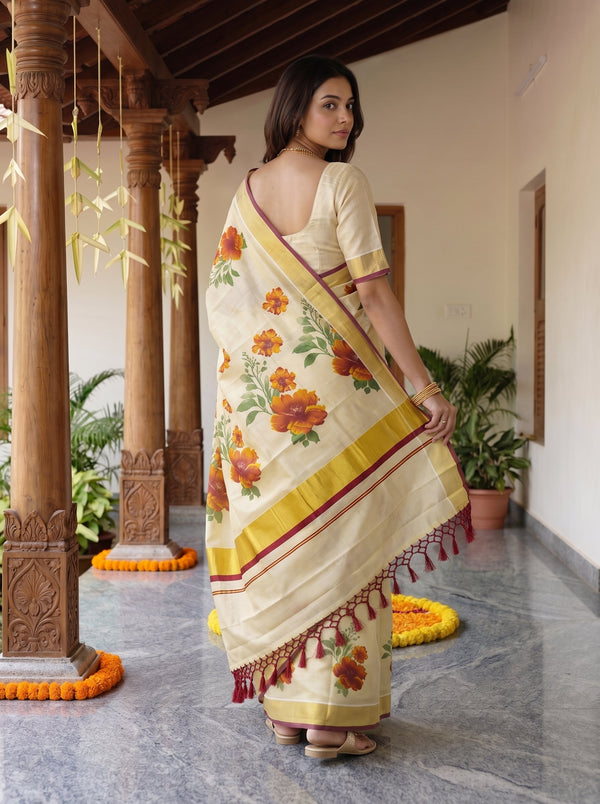 Tissue Cream Printed Onam Special Kerala Floral Saree with Golden Maroon Border