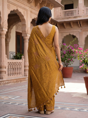 Semi Tussar Mustard Floral Embroidered Diamond Cutwork Butta Saree with Tassel Pallu