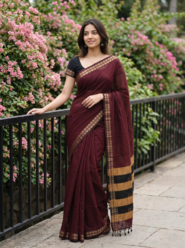 Cotton Wine Maroon Black Gold Striped Border Saree with Tassels
