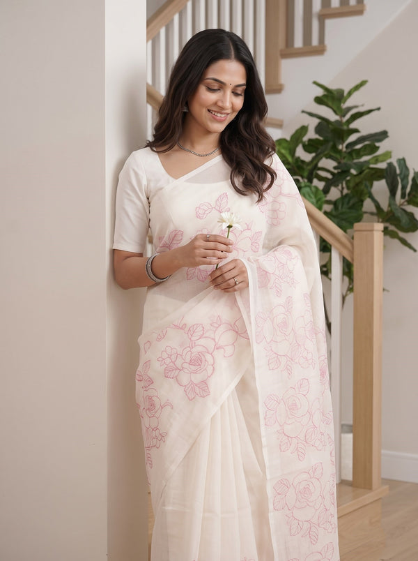 Net Kota Off-White  Saree with Pink Floral Rose Motif
