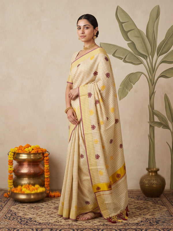 Tissue Cream Golden Checked With Multicolor Lotus Print Onam Special Kerala Saree