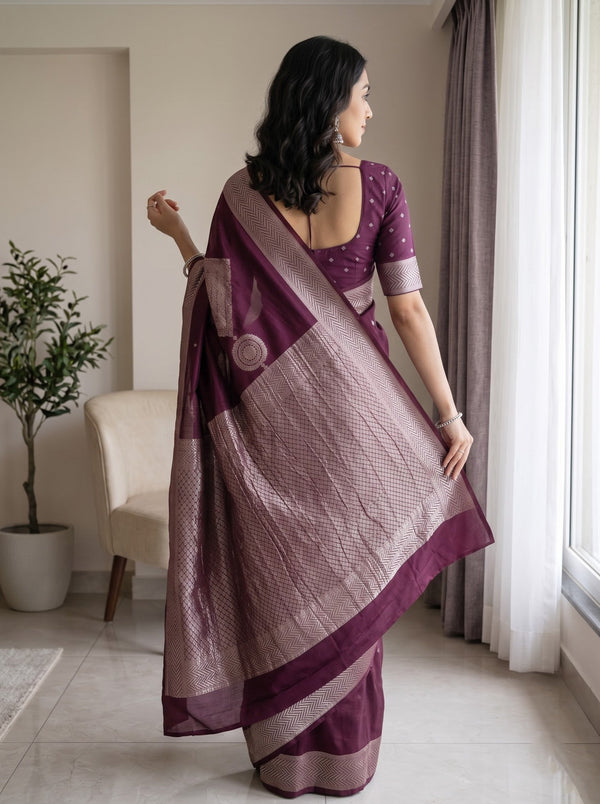 Georgette Wine Rose Gold Geometric Diamond Print Saree with Chevron Border