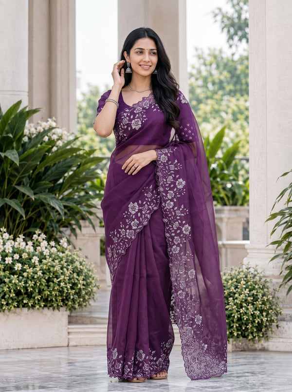 Organza Purple Saree with Sequin Floral Border