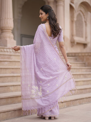 Pure Chanderi Lavender Saree with Embroidered Rose Floral Pallu