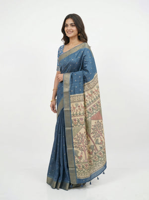 Jute Blue Kalamkari Border Saree