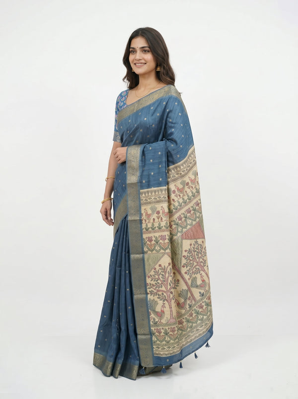 Jute Blue Kalamkari Border Saree