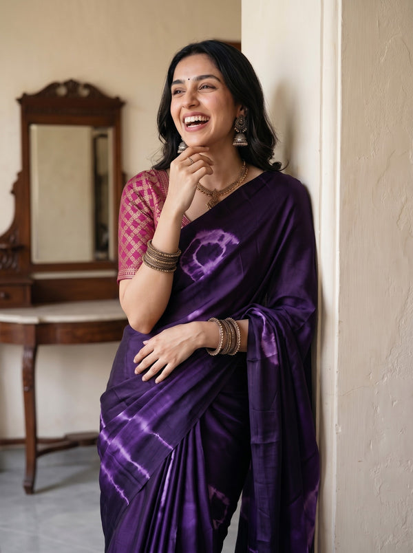 Synthetic Deep Purple Tie Dye Ring Pattern Saree with Tassels