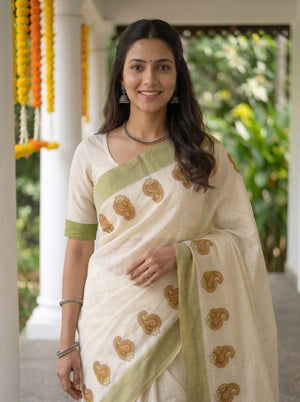 Tissue Cream Paisley Print Olive Border Kerala Saree