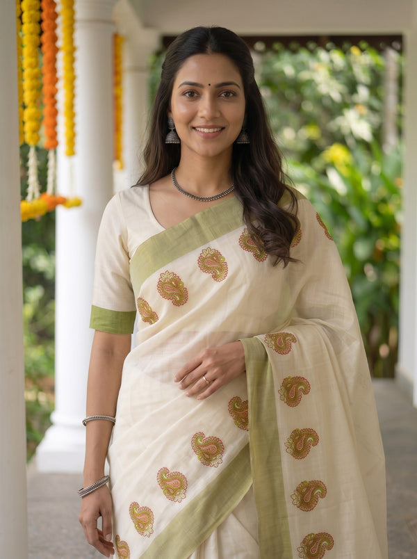 Tissue Cream Paisley Print Olive Border Kerala Saree